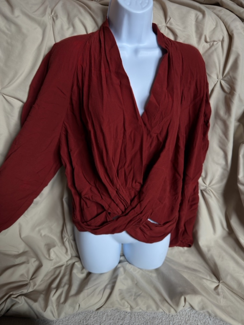 Express Rust Red Draped V-Neck Long Sleeve Top